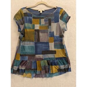 Anthro Weston Wear Women's‎ Size M Geometric Print Ruffle Hem Artsy Top Blue